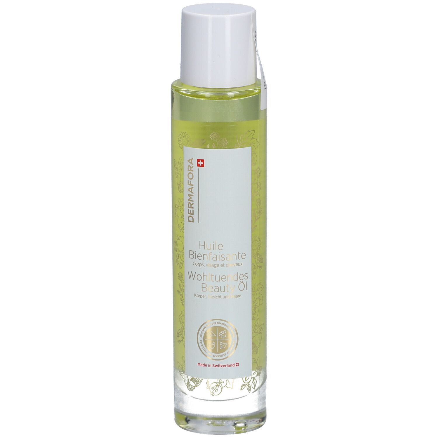 Huile corporelle transparente en flacon cylindrique en verre avec bouchon blanc. Étiquette avec nom du produit et logo.