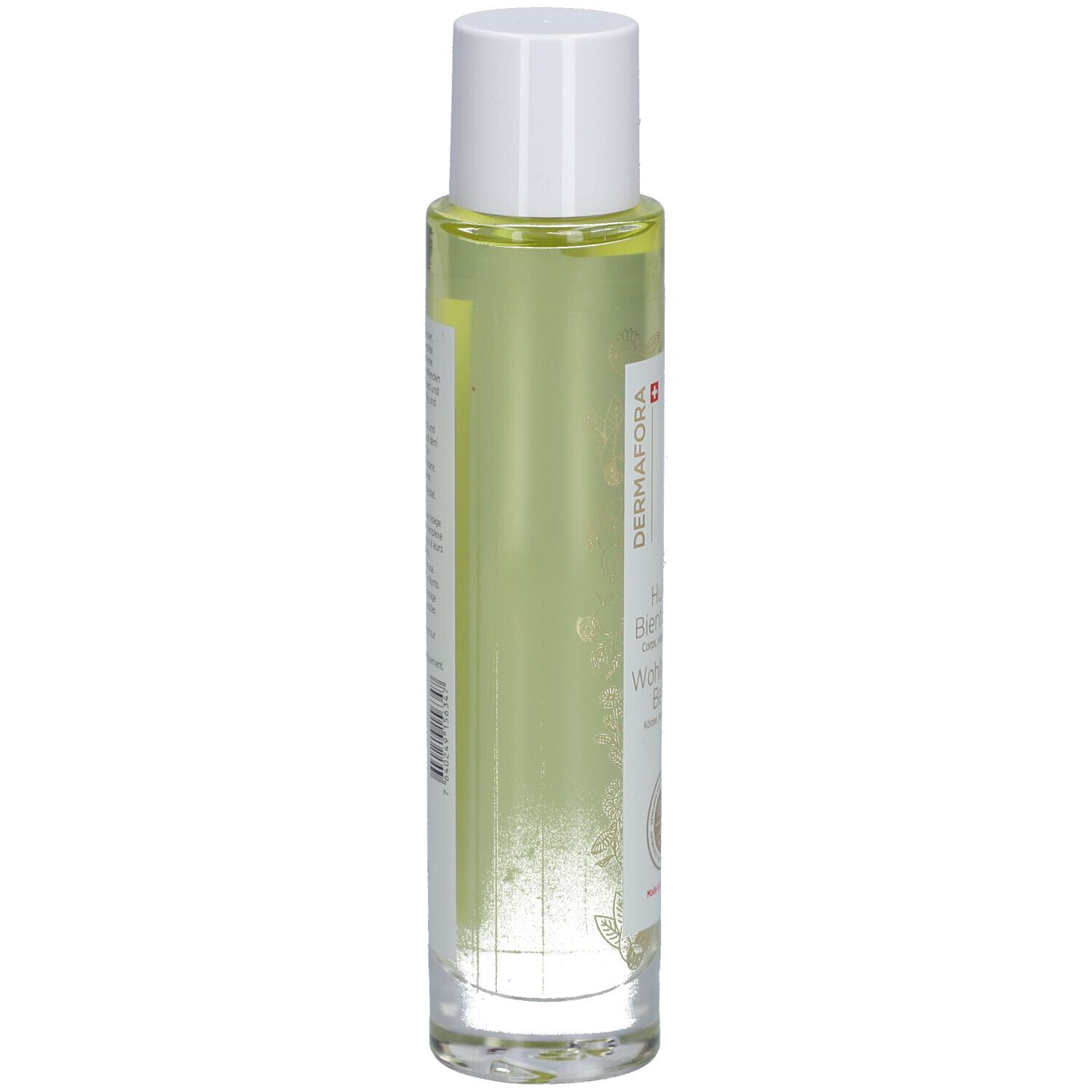 Flacon cylindrique en verre avec liquide clair et jaunâtre. Bouchon blanc. Étiquette avec informations et logo.
