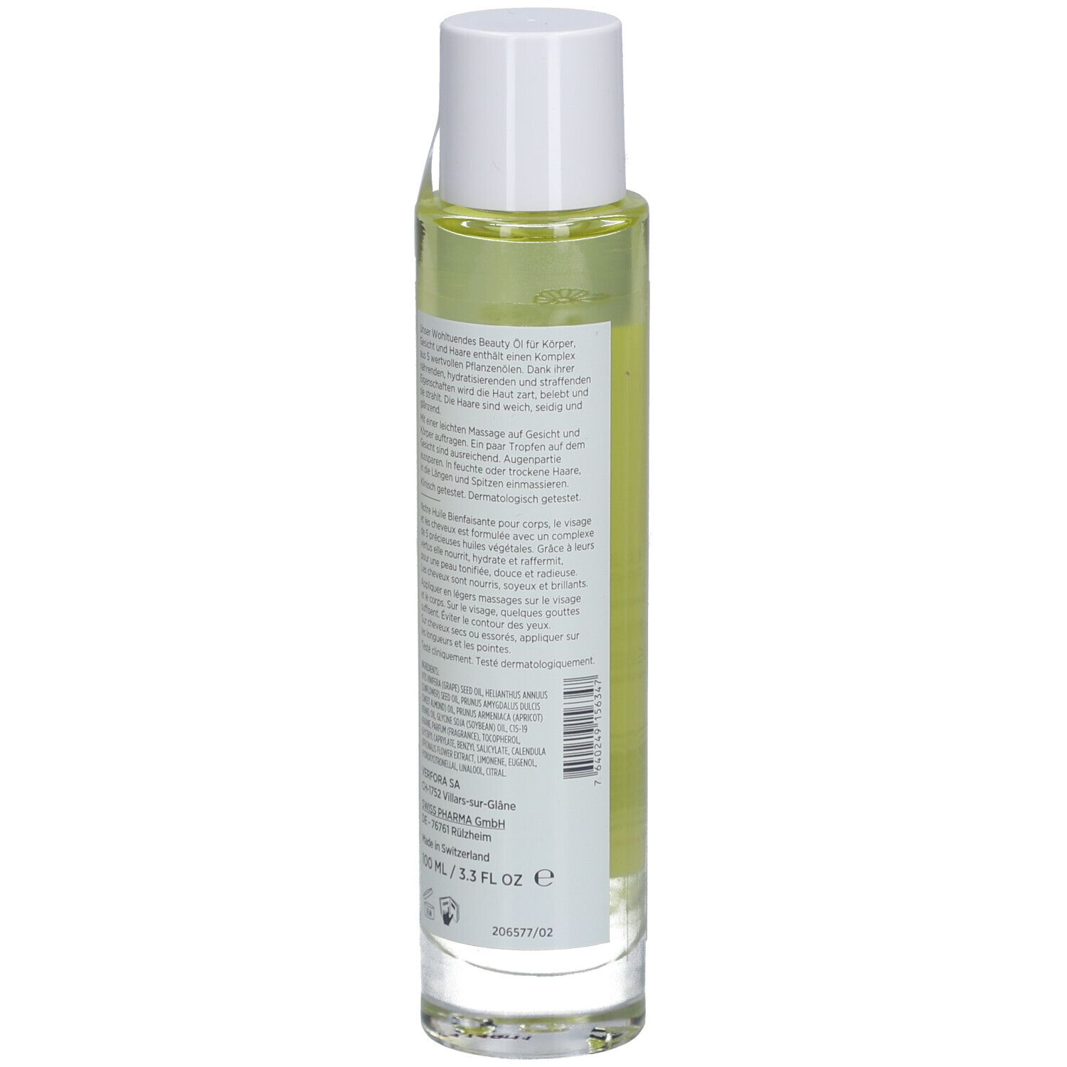 Flacon en verre avec liquide jaunâtre. Étiquette avec texte en allemand. Bouchon blanc. Informations sur le produit.