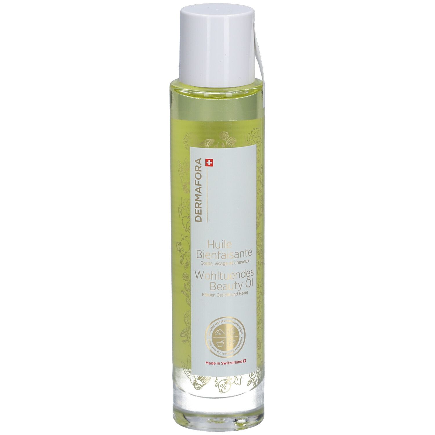 Huile corporelle en flacon de verre avec bouchon blanc. Étiquette avec nom du produit et logo. Croix suisse.
