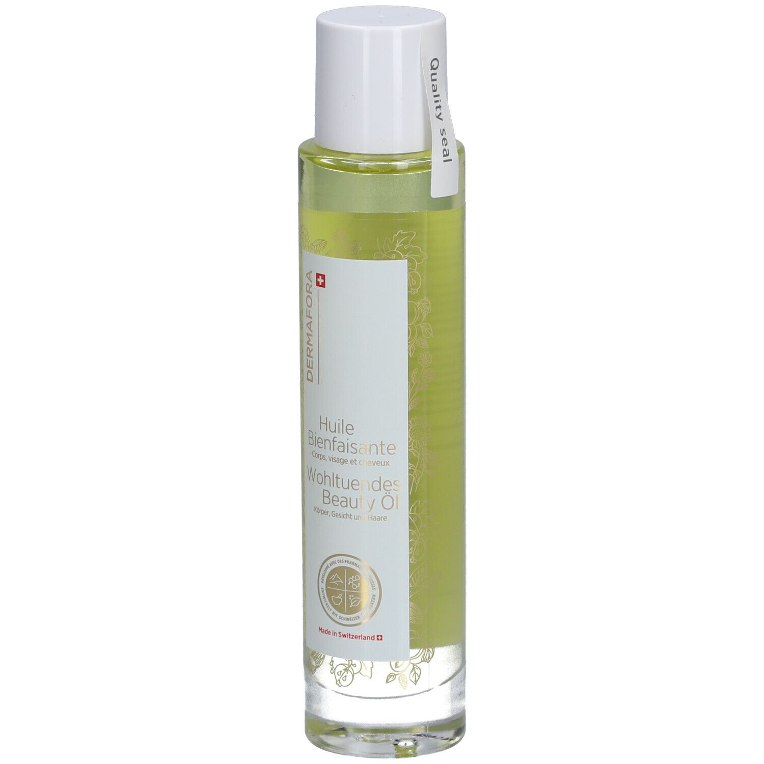 Huile corporelle en flacon de verre avec bouchon blanc. Étiquette avec nom du produit et logo. Sceau de qualité.