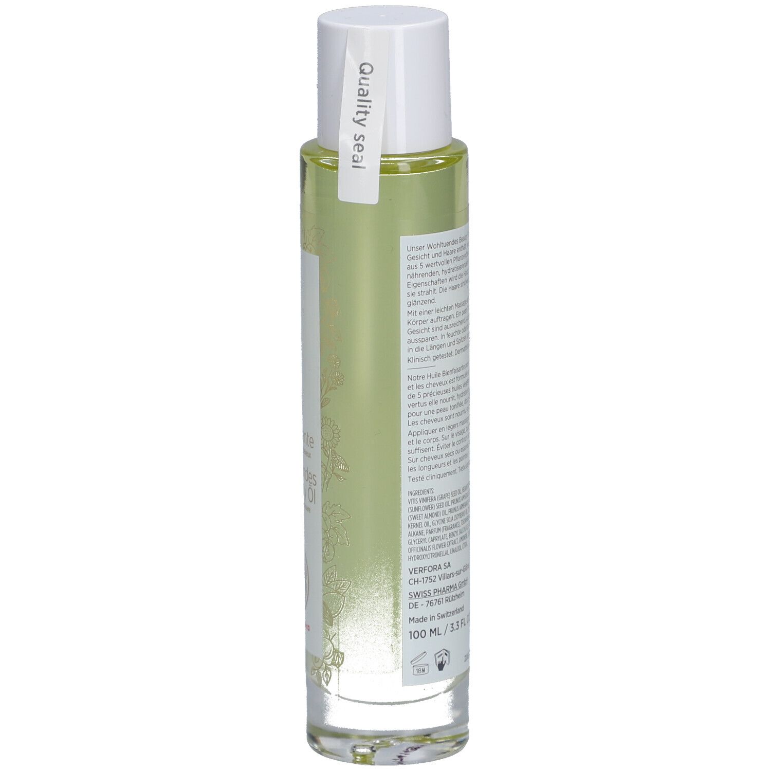 Flacon en verre avec liquide jaunâtre. Bouchon blanc. Étiquette avec texte et sceau de qualité. 100 ml.
