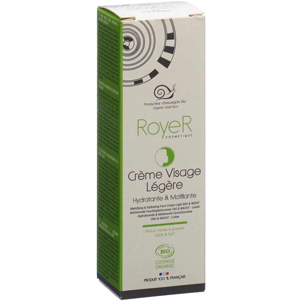 Boîte de crème visage légère Royer Cosmetique. Certifié bio, avec logo et informations produit. Contient un symbole d'escargot.