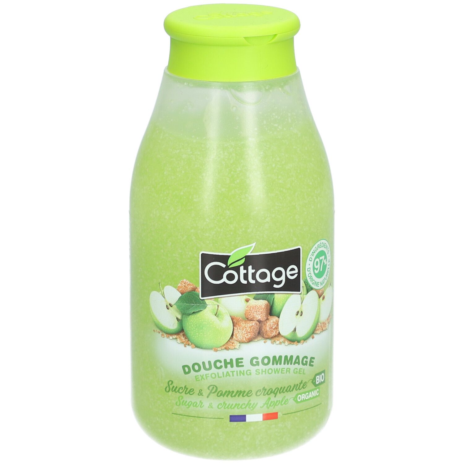 Gel douche exfoliant Cottage, vert. Bouteille avec bouchon vert. Étiquette avec illustrations de pommes et texte.