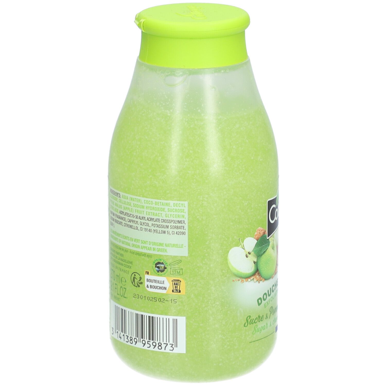 Dos de la bouteille de gel douche exfoliant vert Cottage. Étiquette avec ingrédients et texte.