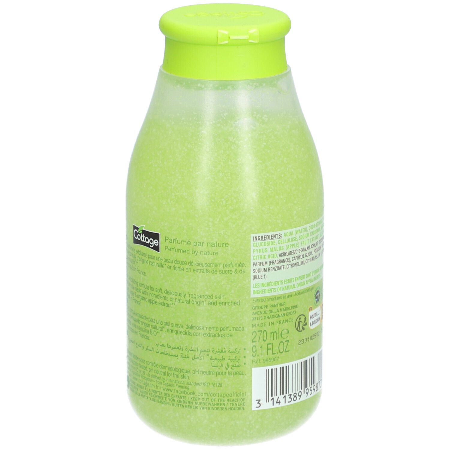 Dos de la bouteille de gel douche exfoliant vert Cottage. Étiquette avec ingrédients et texte.