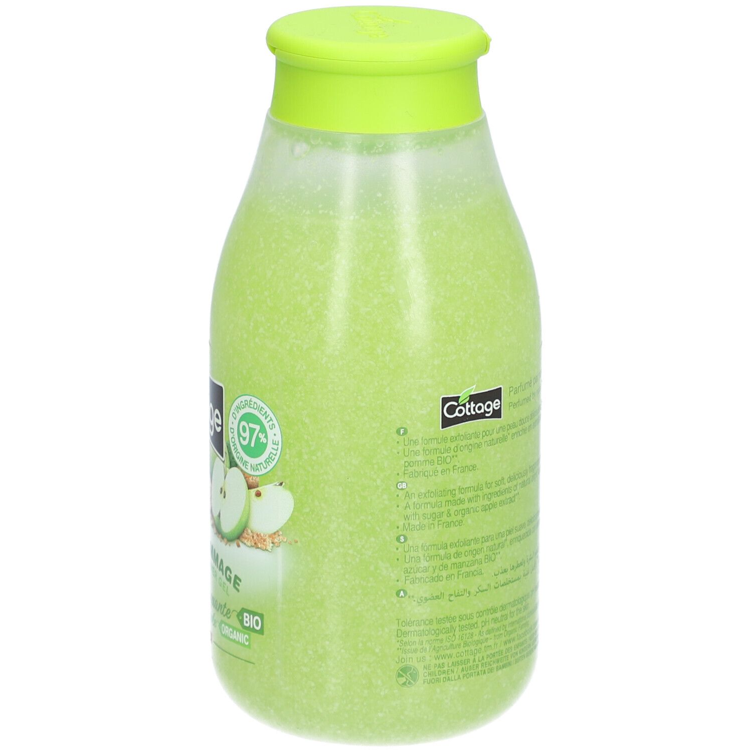 Dos de la bouteille de gel douche exfoliant vert Cottage. Étiquette avec texte et logo.