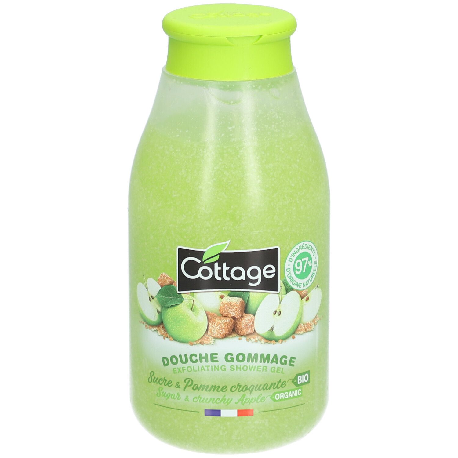 Gel douche exfoliant Cottage, vert. Bouteille avec bouchon vert. Étiquette avec illustrations de pommes et texte.