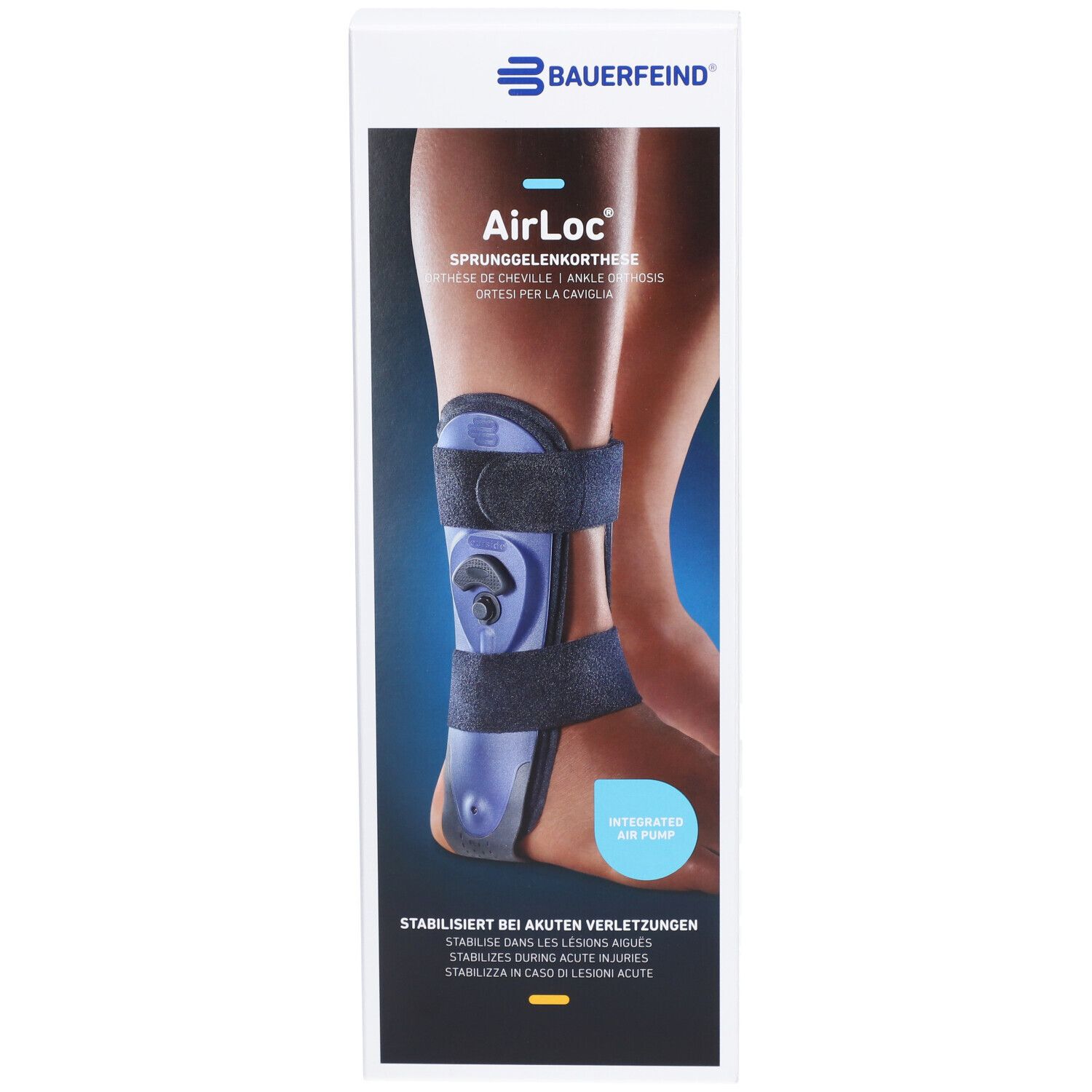 Orthèse de cheville AirLoc Bauerfeind dans son emballage. Orthèse bleue et noire sur une jambe, AirPump intégrée. Stabilisation en cas de blessures aiguës.