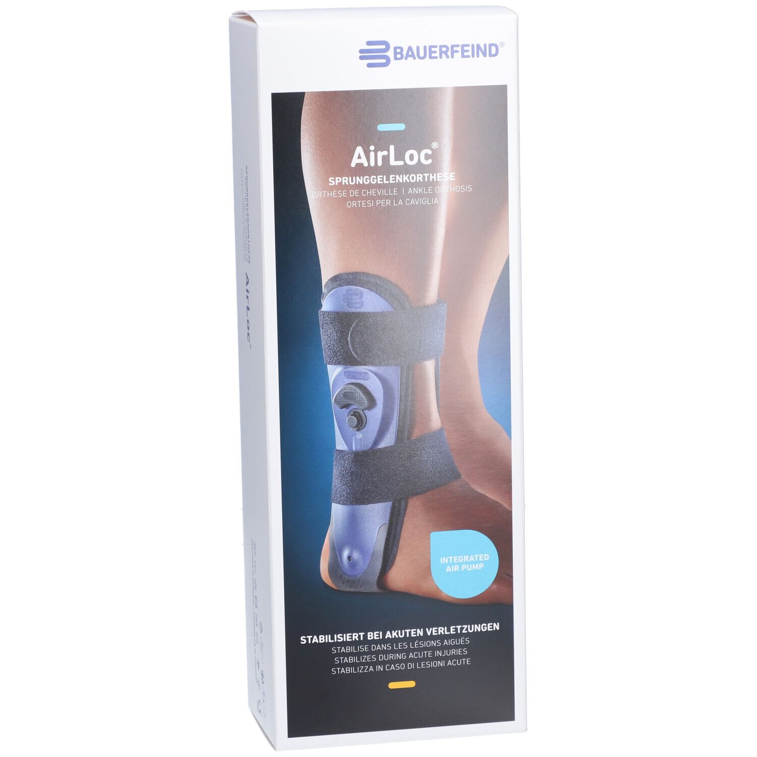 Orthèse de cheville AirLoc Bauerfeind dans son emballage. Orthèse bleue et noire sur une jambe, AirPump intégrée. Stabilisation en cas de blessures aiguës.