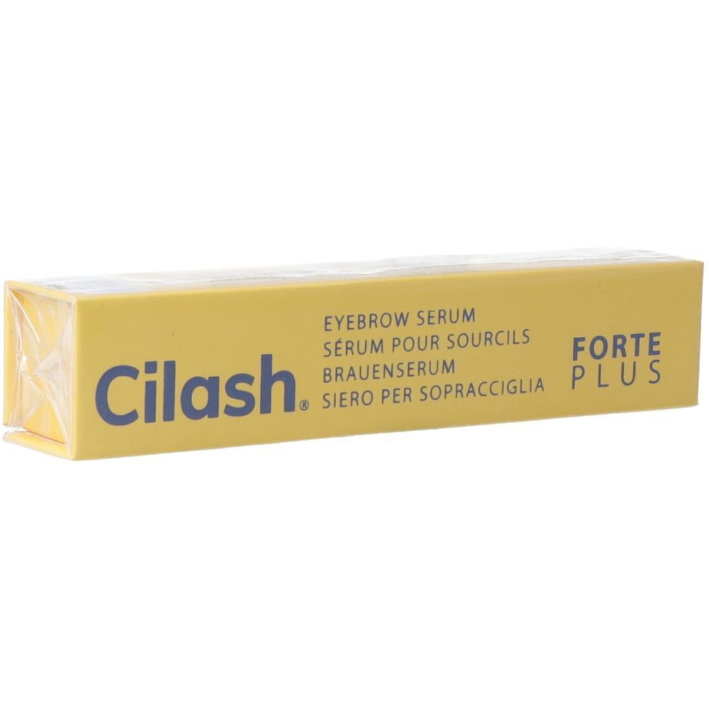 Boîte jaune "Cilash FORTE PLUS" avec sérum pour sourcils. Emballage transparent.