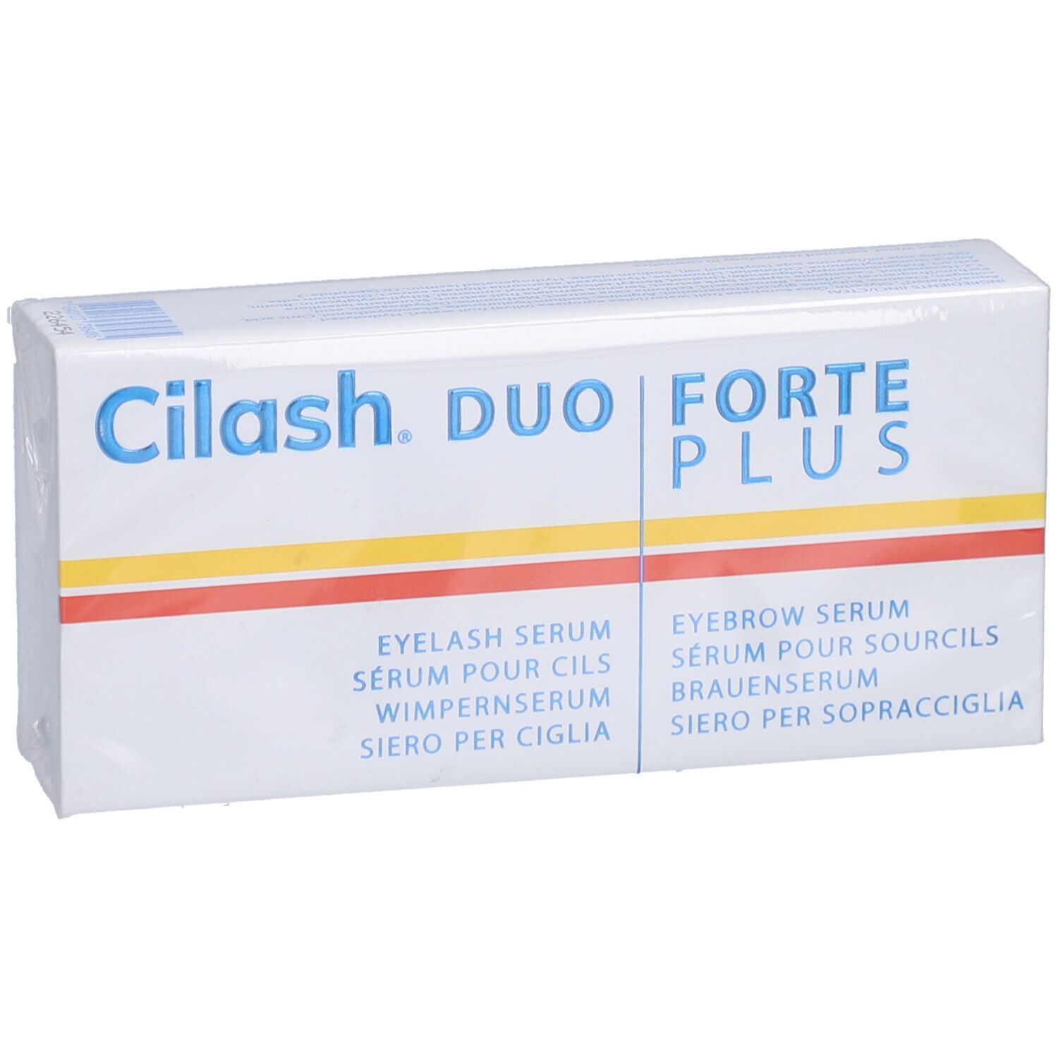 Emballage CILASH FORTE PLUS DUO. Boîte blanche avec nom du produit et désignations de sérum en plusieurs langues.