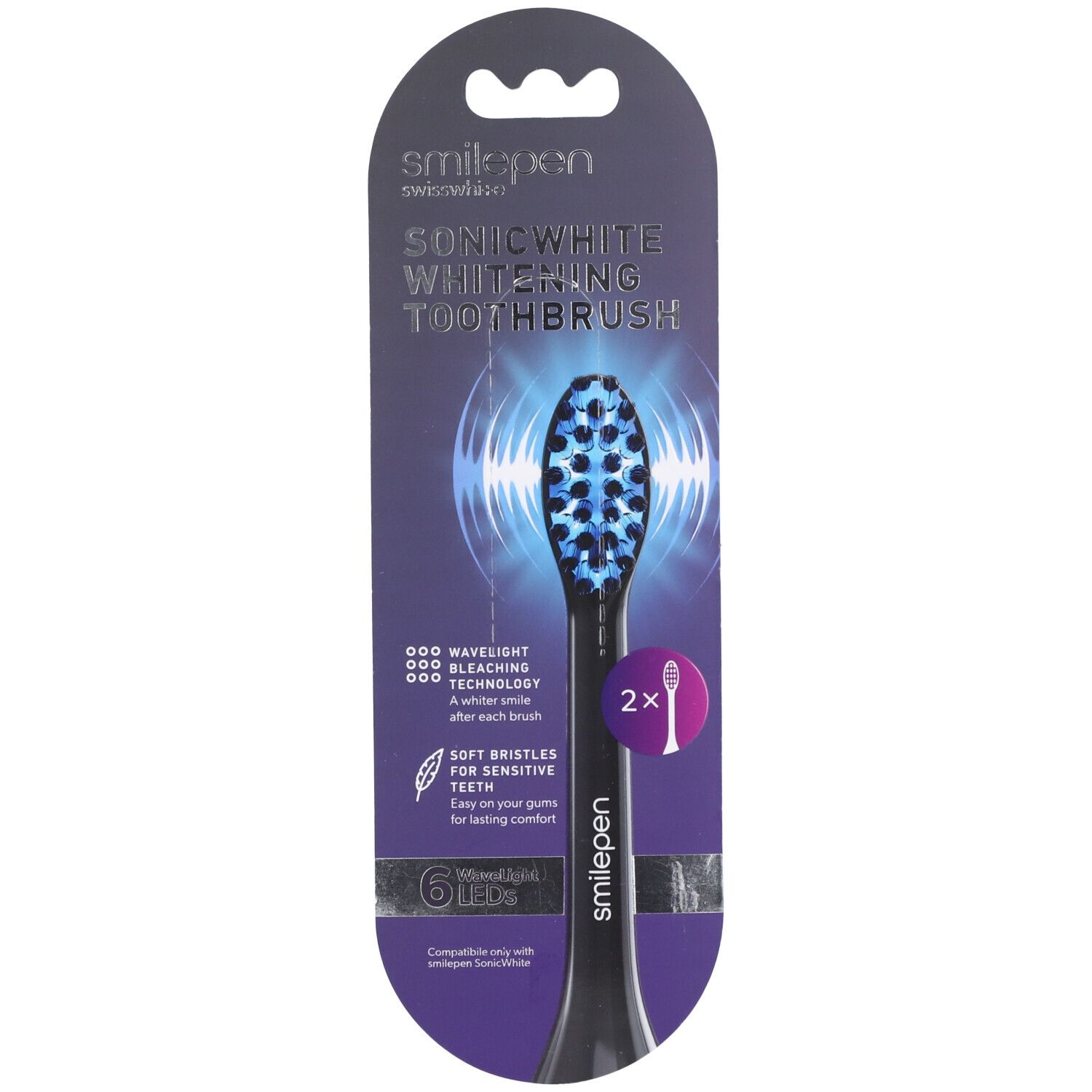 Tête de brosse noire avec poils bleus. Inscription : "SONIC WHITE WHITENING TOOTHBRUSH". 6 LED et logo "smilepen" visibles.