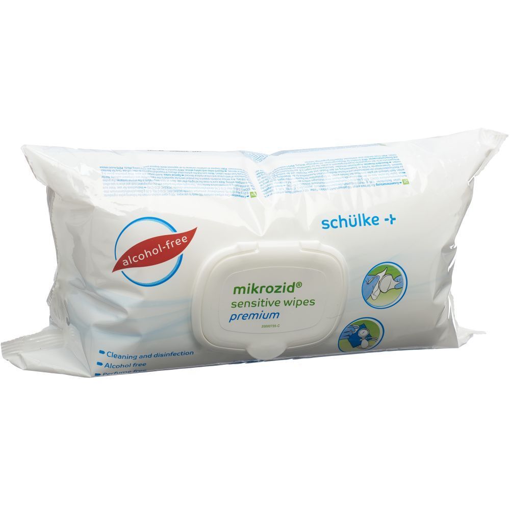 Emballage de mikrozid® sensitive wipes premium. Sachet blanc avec inscriptions, dont "alcohol-free" et "schülke +", et le nom du produit.