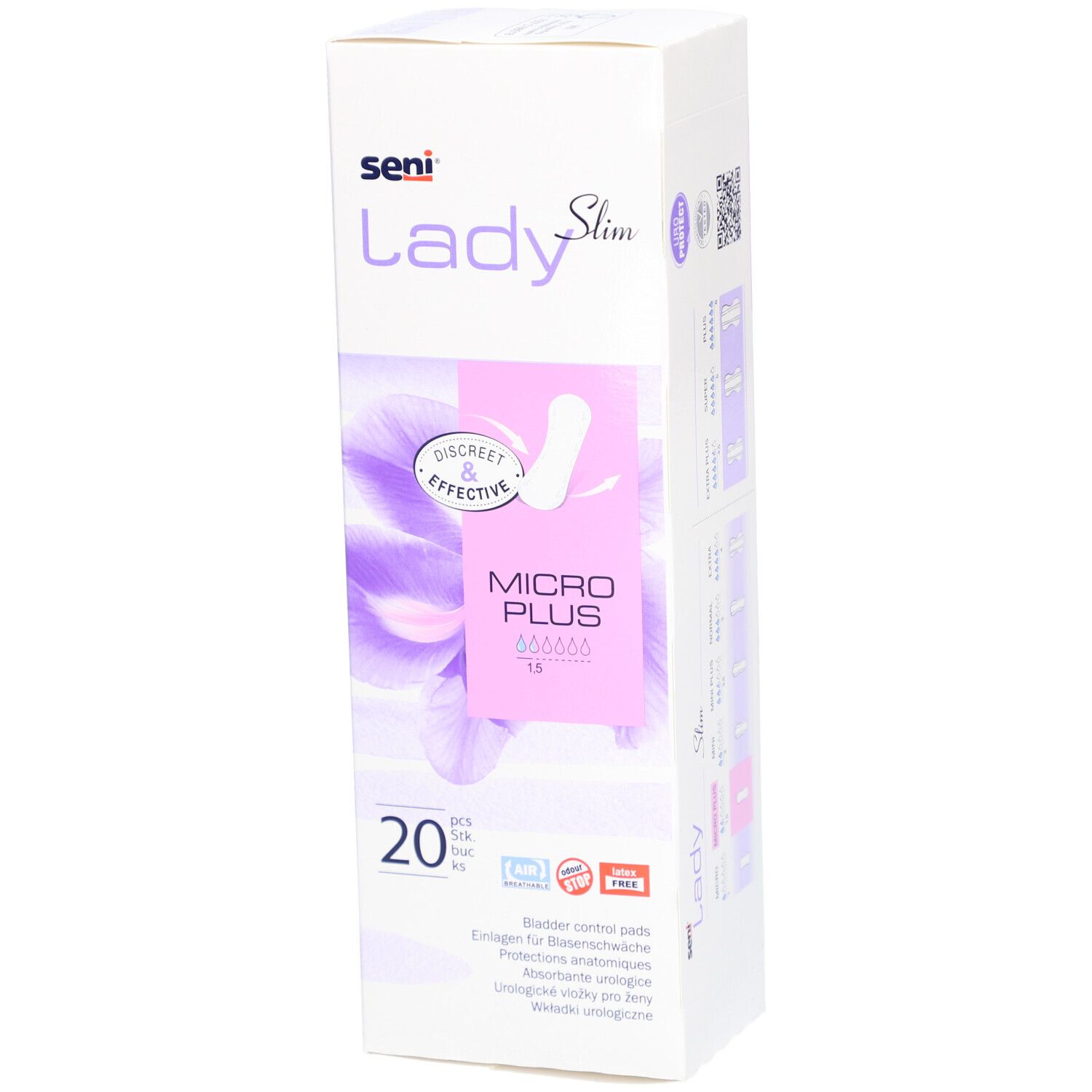 Boîte Seni Lady Slim Micro Plus. 20 unités. Inscription: Discreet & Effective. Protège-slips anatomiques.
