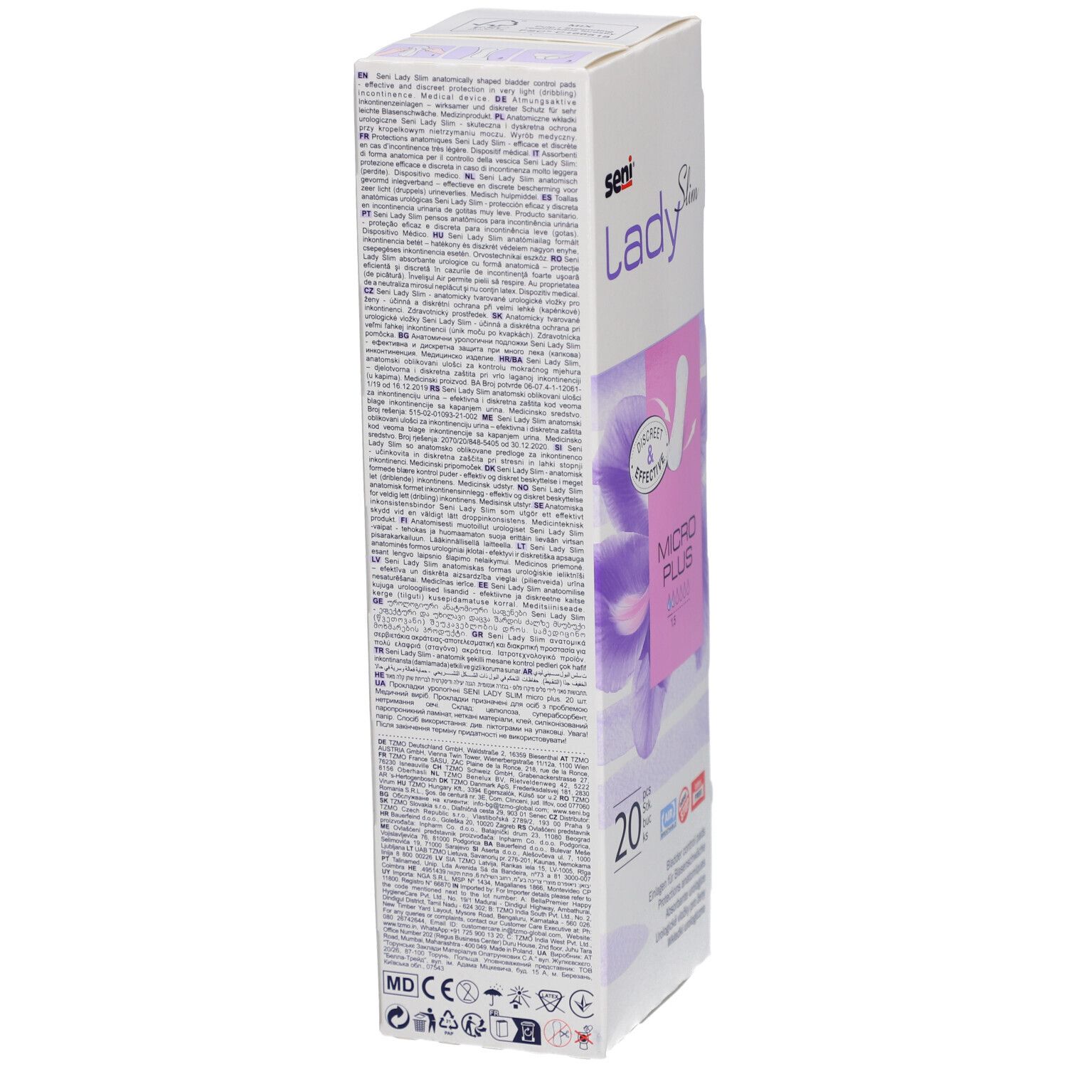 Boîte étroite Seni Lady Slim Micro Plus. Texte multilingue. 20 unités. Inscription: Discreet & Effective.
