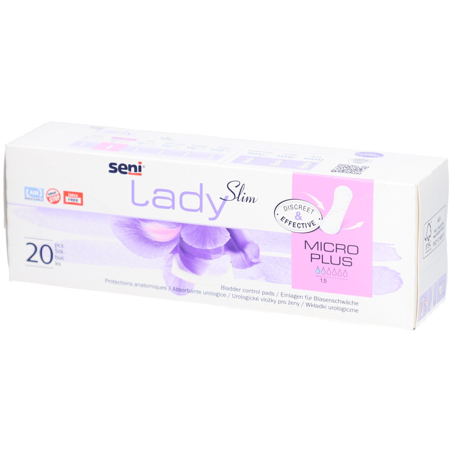 Boîte Seni Lady Slim Micro Plus. 20 unités. Inscription: Discreet & Effective. Protège-slips anatomiques. Design blanc-violet.