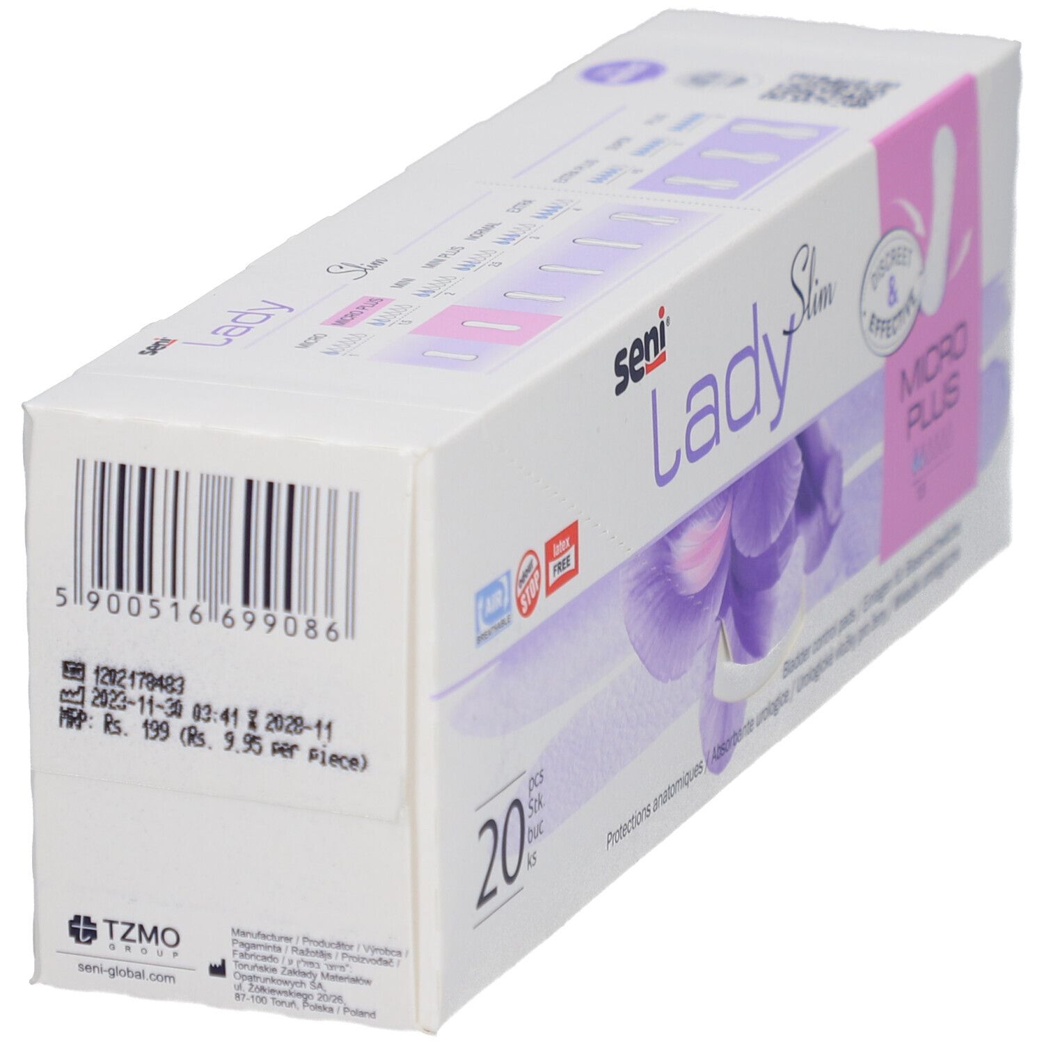 Boîte Seni Lady Slim Micro Plus. Code-barres et informations de prix. 20 unités. Inscription: Discreet & Effective.