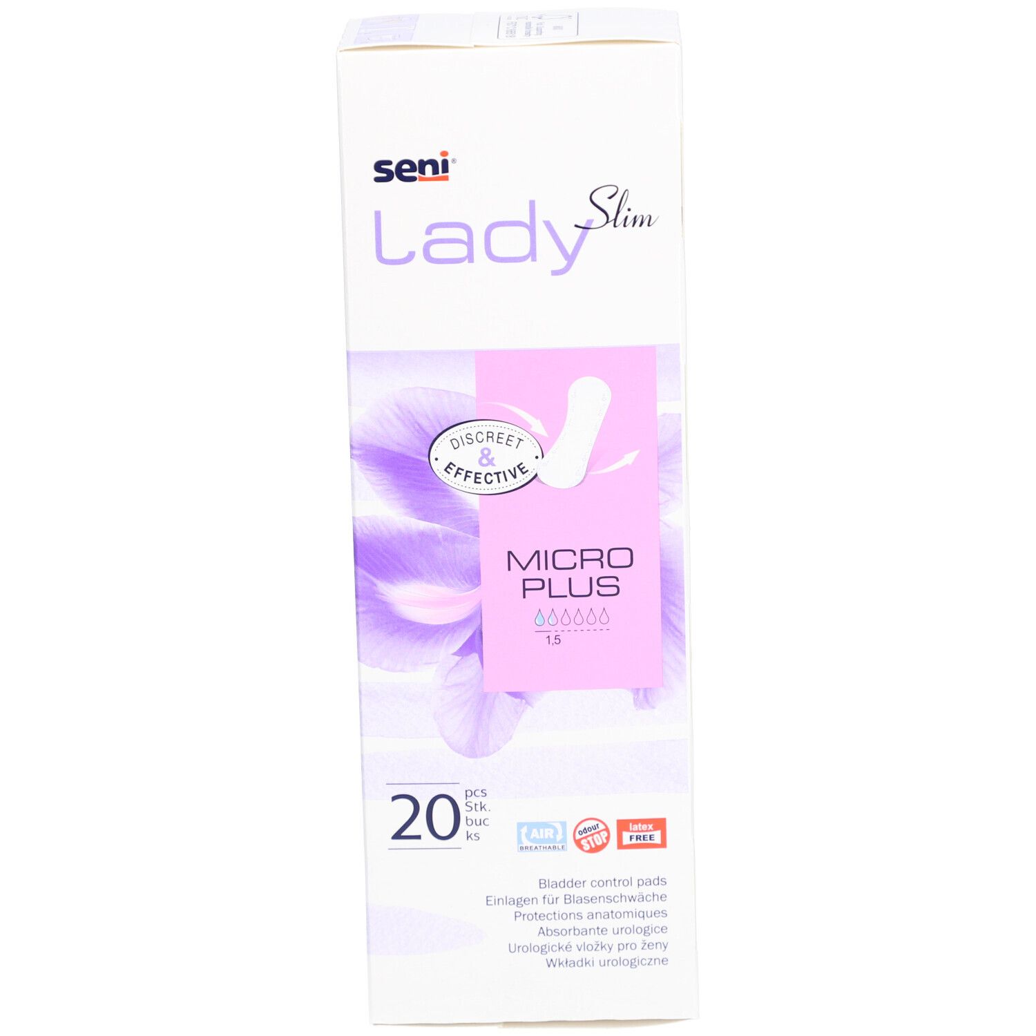 Boîte Seni Lady Slim Micro Plus. 20 unités. Inscription: Discreet & Effective. Protège-slips anatomiques. Design blanc-violet.