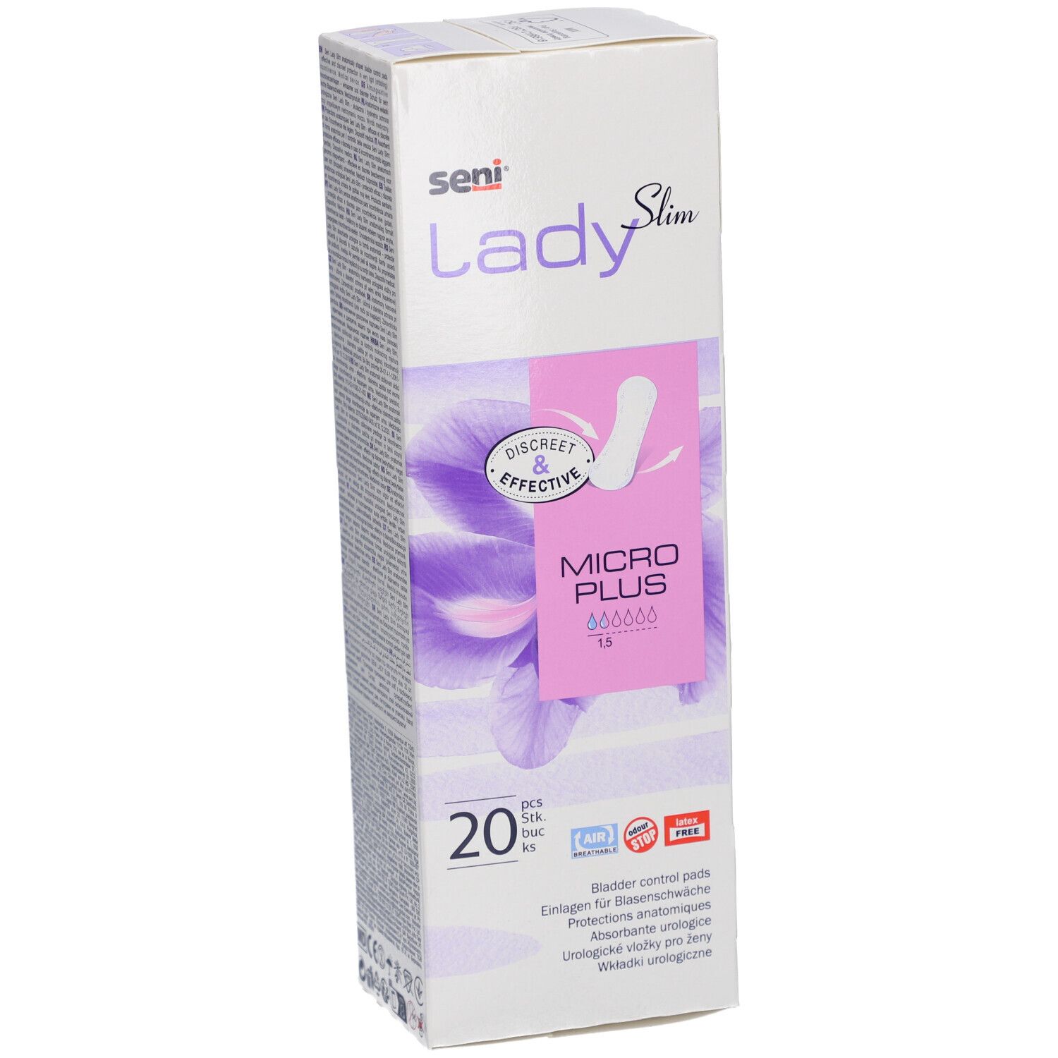 Boîte Seni Lady Slim Micro Plus. 20 unités. Inscription: Discreet & Effective. Protège-slips anatomiques. Design blanc-violet.
