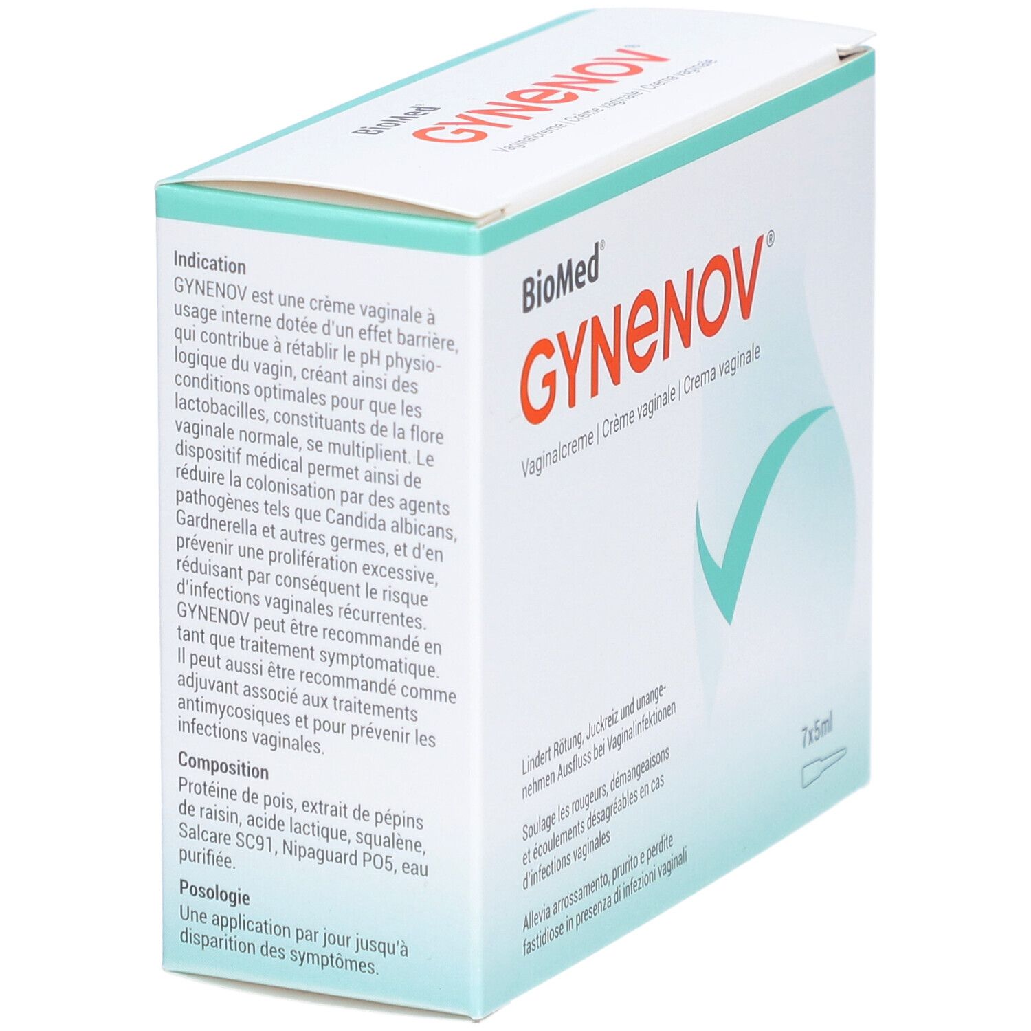 Vue latérale de l'emballage GYNENOV®. Texte: GYNENOV est une crème vaginale avec effet barrière. Contient des ingrédients comme la protéine de pois.