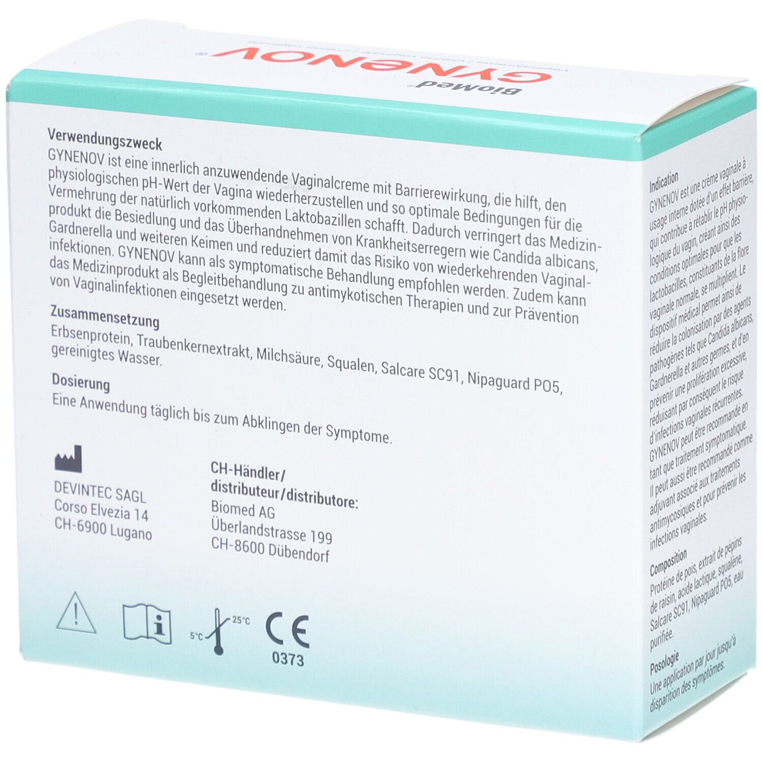 Dos de l'emballage GYNENOV®. Texte: GYNENOV est une crème vaginale avec effet barrière. Contient des ingrédients comme la protéine de pois, acide lactique.
