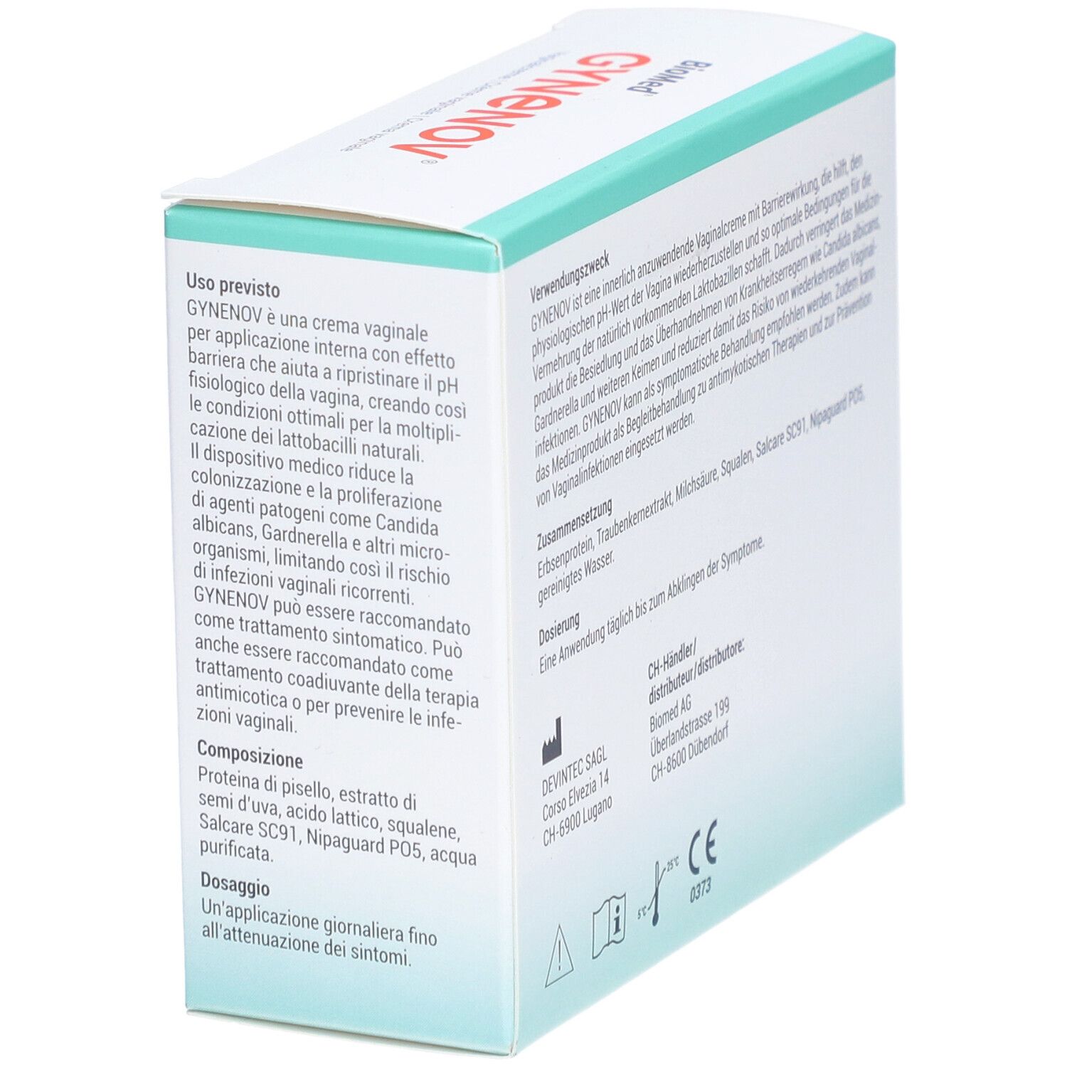 Vue latérale de l'emballage GYNENOV®. Texte: GYNENOV est une crème vaginale avec effet barrière. Contient des ingrédients comme la protéine de pois.