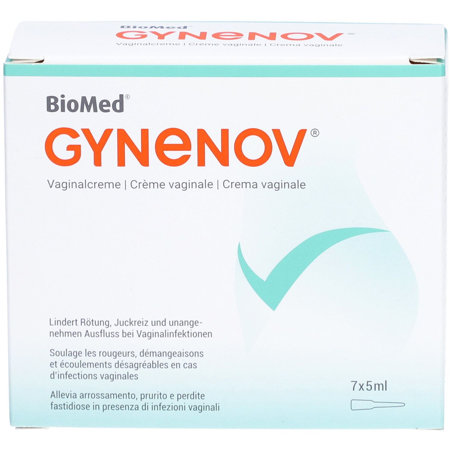 Boîte de GYNENOV®. Contient 7x5ml. Texte: Soulage rougeurs, démangeaisons et écoulements désagréables en cas d'infections vaginales.