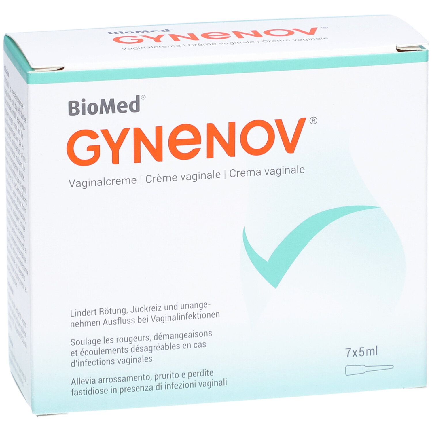 Boîte de GYNENOV®. Contient 7x5ml. Texte: Soulage rougeurs, démangeaisons et écoulements désagréables en cas d'infections vaginales.
