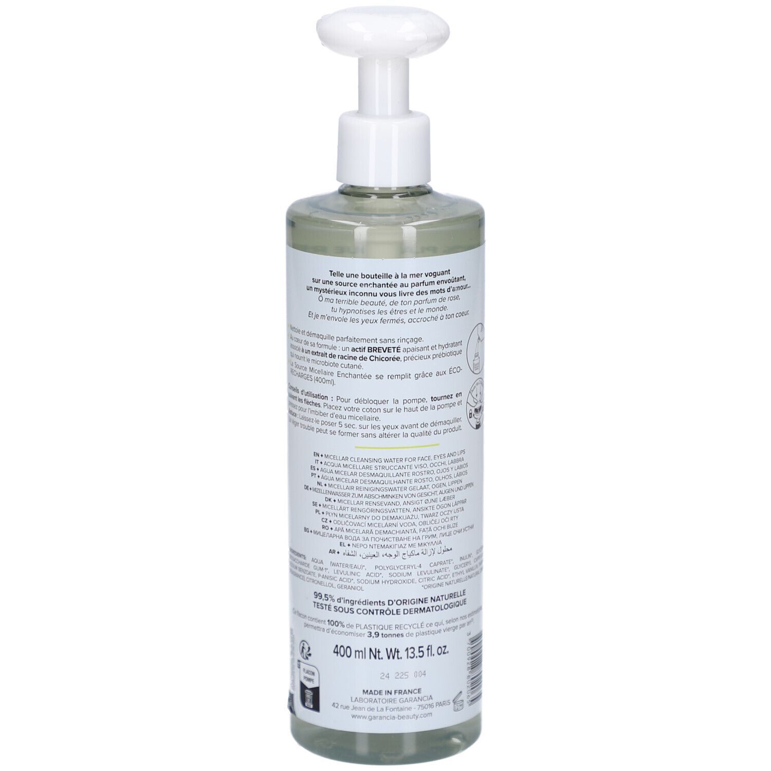 Garancia Eau Micellaire Enchantée Arrière de la bouteille avec pompe, 400ml.
