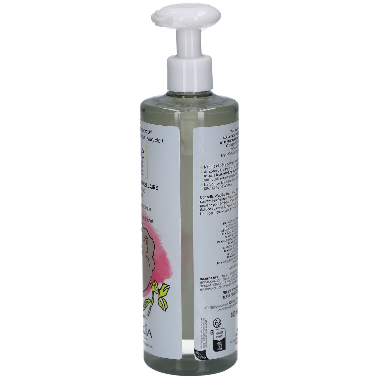 Garancia Eau Micellaire Enchantée Arrière de la bouteille avec pompe, 400ml.