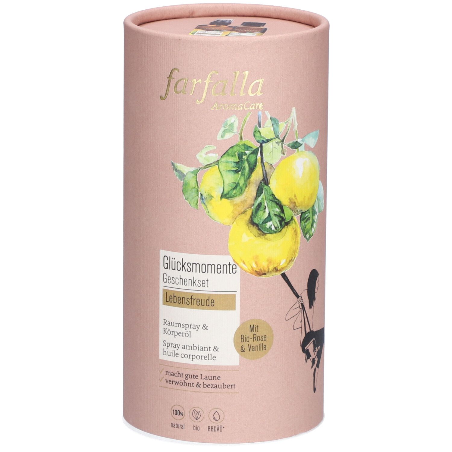 Emballage cadeau rose avec illustration de citrons jaunes. Texte : farfalla, Glücksmomente, Lebensfreude, spray ambiant & huile corporelle. Avec Bio-Rose & Vanille.