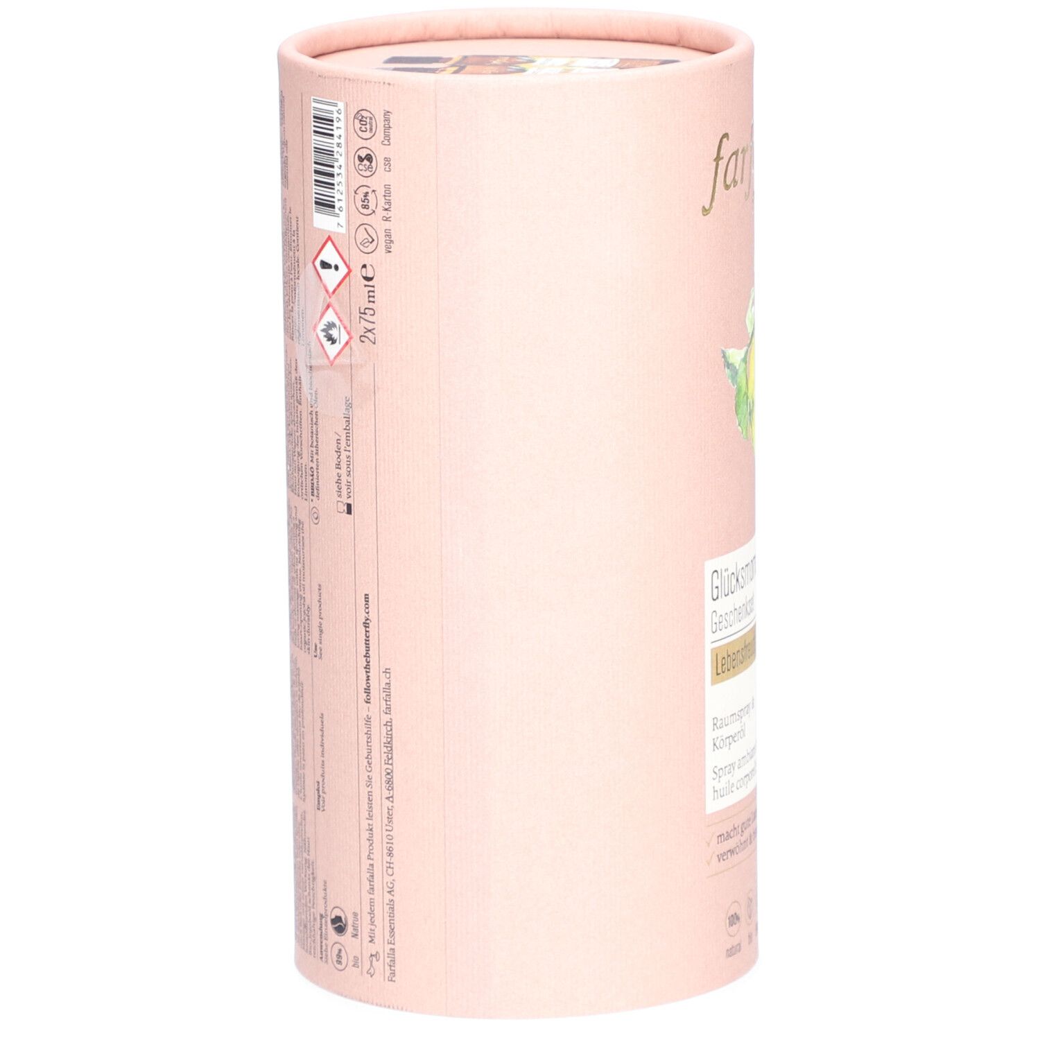 Emballage cadeau cylindrique rose. Inscription : farfalla. Texte et logos sur le côté. Contient 2x75 ml. Avec Bio-Rose & Vanille.