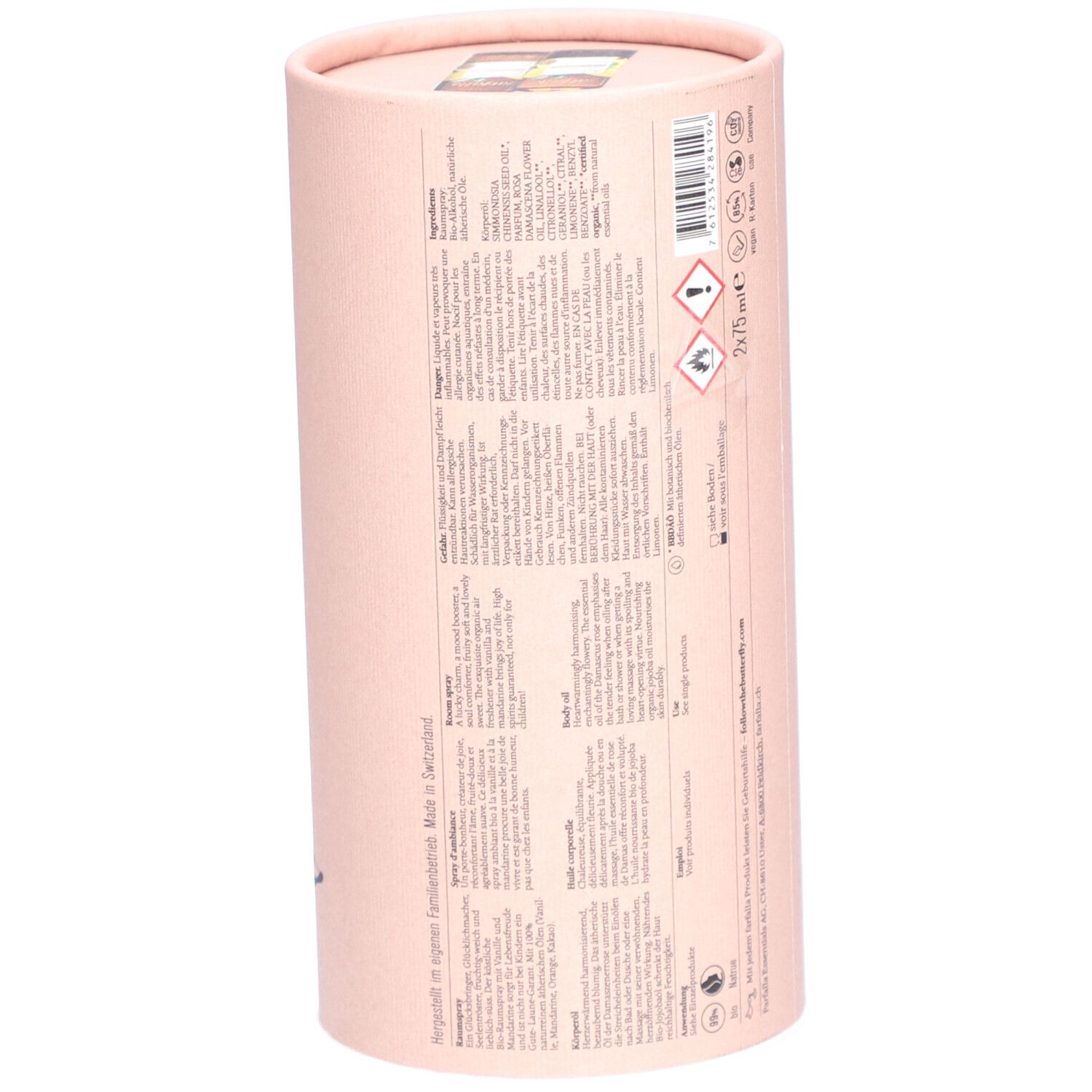 Emballage cadeau cylindrique rose. Dos avec texte en plusieurs langues. Contient 2x75 ml. Avec Bio-Rose & Vanille.