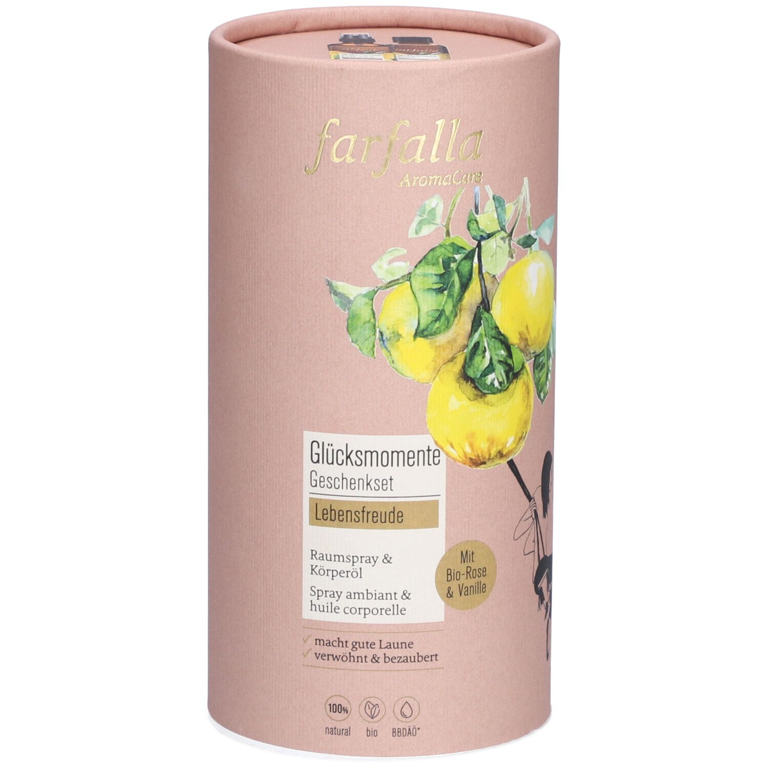 Emballage cadeau rose avec illustration de citrons jaunes. Texte : farfalla, Glücksmomente, Lebensfreude, spray ambiant & huile corporelle. Avec Bio-Rose & Vanille.