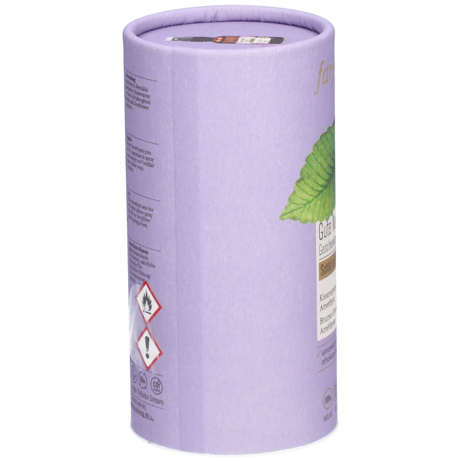 Emballage cylindrique, lilas clair. Inscription : farfalla, illustration d'une feuille. Texte : Gute Nacht Geschenkset, Kissennebel & Amethyst.