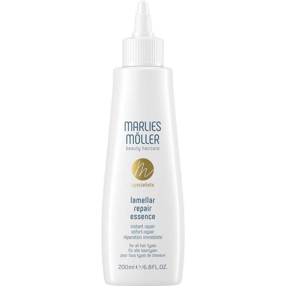 Flacon blanc à embout. Inscription: Marlies Möller, Lamellar Repair Essence. Pour tous types de cheveux.