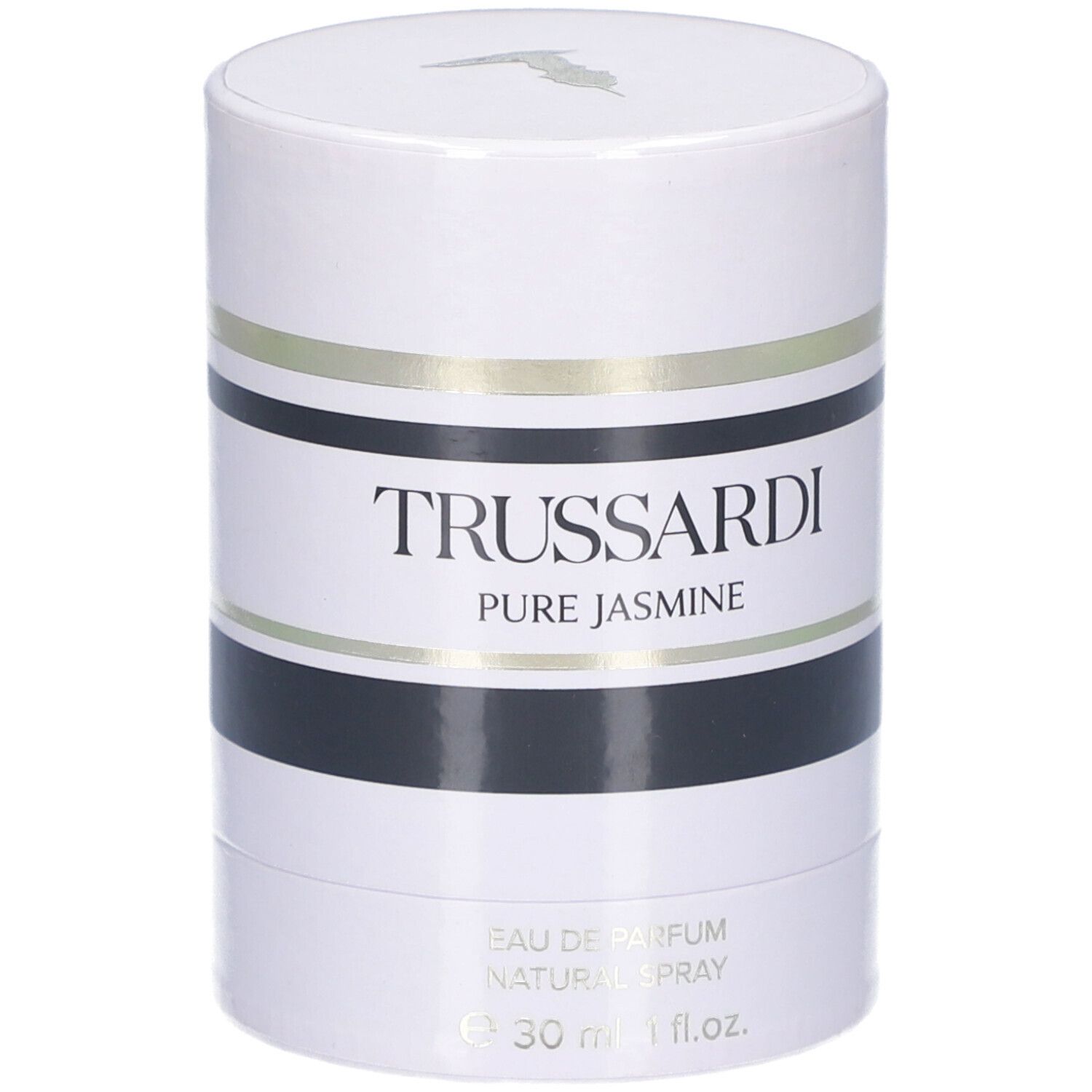 Trussardi Pure Jasmine Eau de Parfum Spray dans un emballage rond avec des rayures noires et dorées.