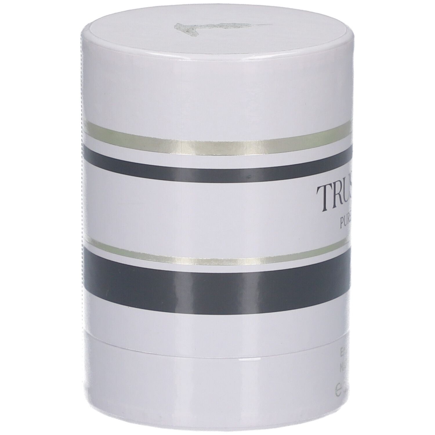 Trussardi Pure Jasmine Eau de Parfum Spray dans un emballage rond avec des rayures noires et dorées.