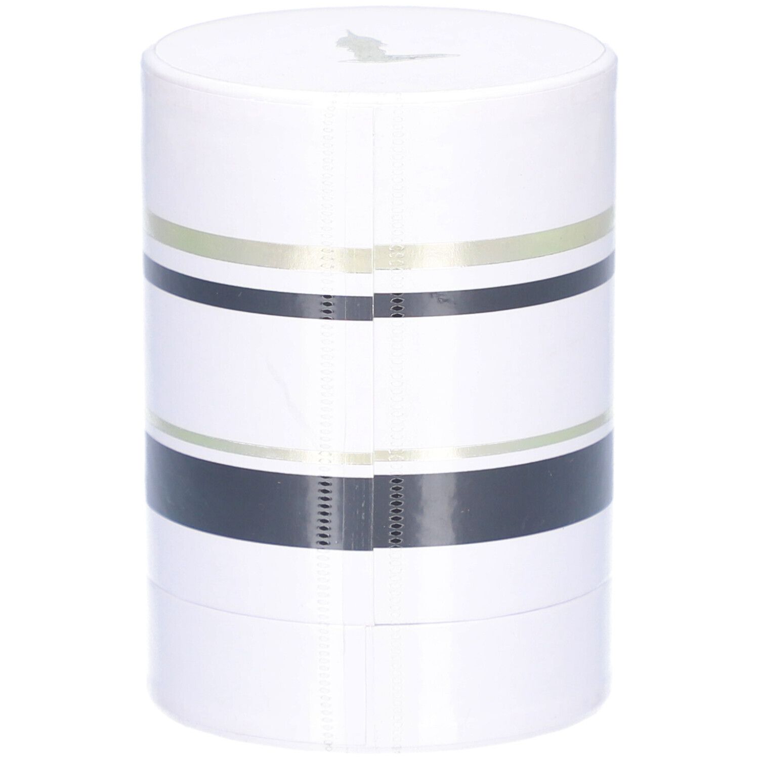 Trussardi Pure Jasmine Eau de Parfum Spray dans un emballage rond avec des rayures noires et dorées.
