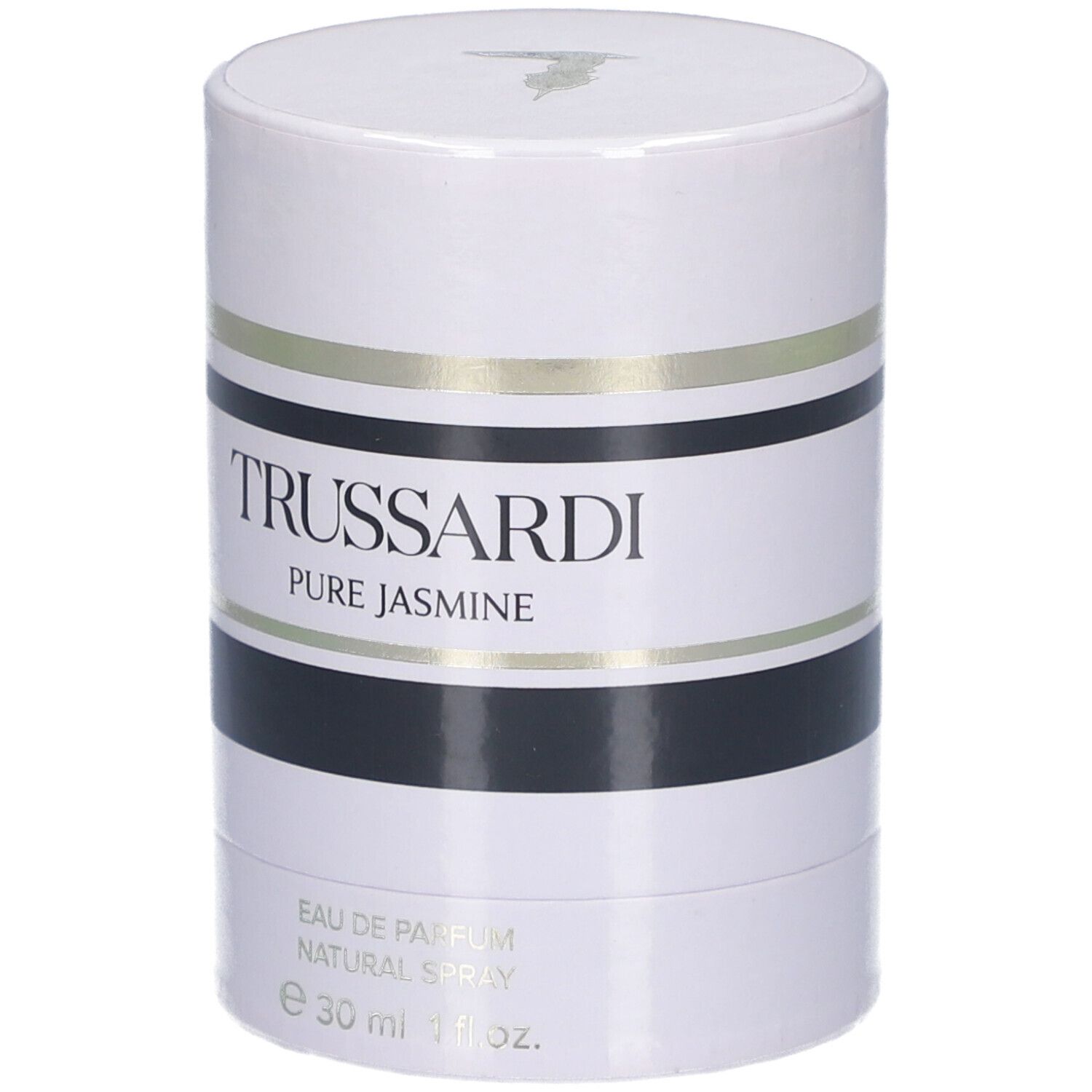 Trussardi Pure Jasmine Eau de Parfum Spray dans un emballage rond avec des rayures noires et dorées.