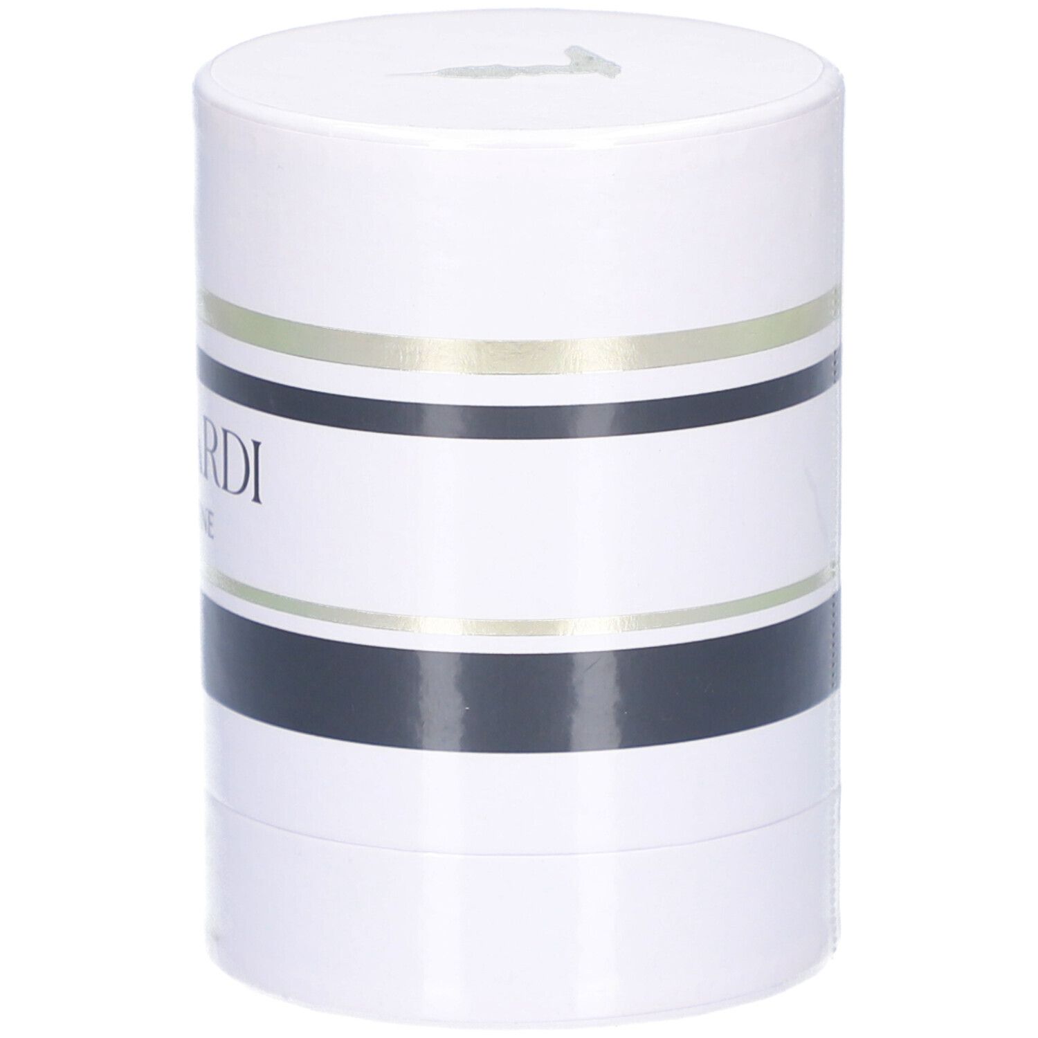 Trussardi Pure Jasmine Eau de Parfum Spray dans un emballage rond avec des rayures noires et dorées.