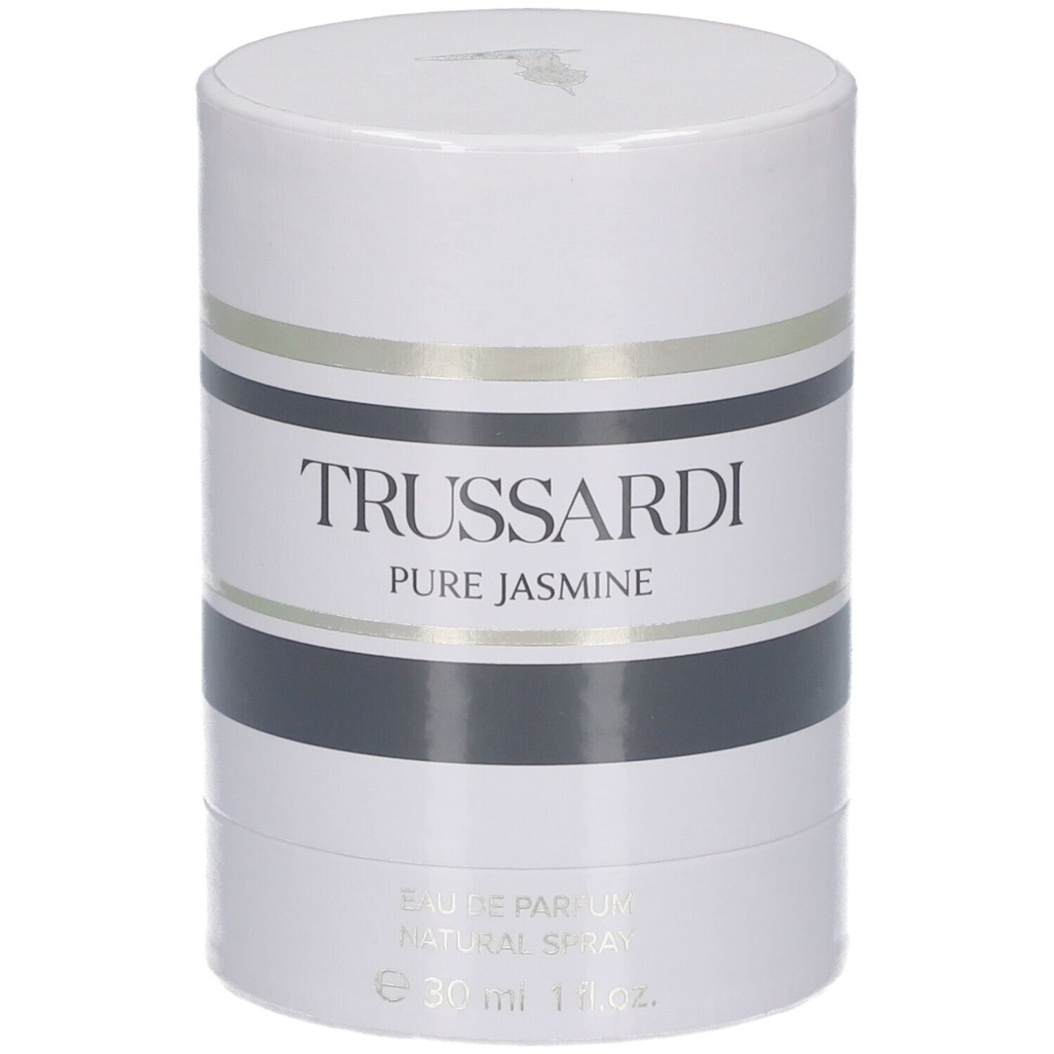 Trussardi Pure Jasmine Eau de Parfum Spray dans un emballage rond avec des rayures noires et dorées.