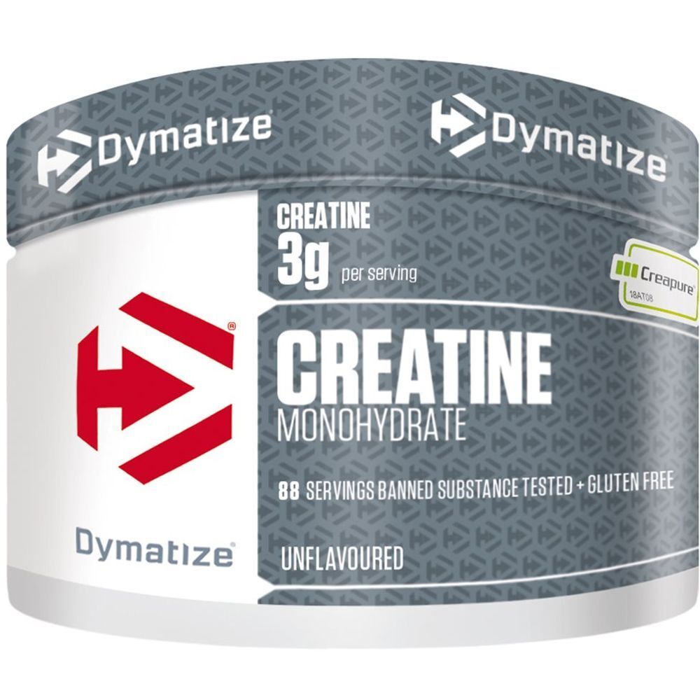 Dymatize Créatine Monohydrate. Pot blanc, couvercle gris. Contient 88 portions. Sans gluten.