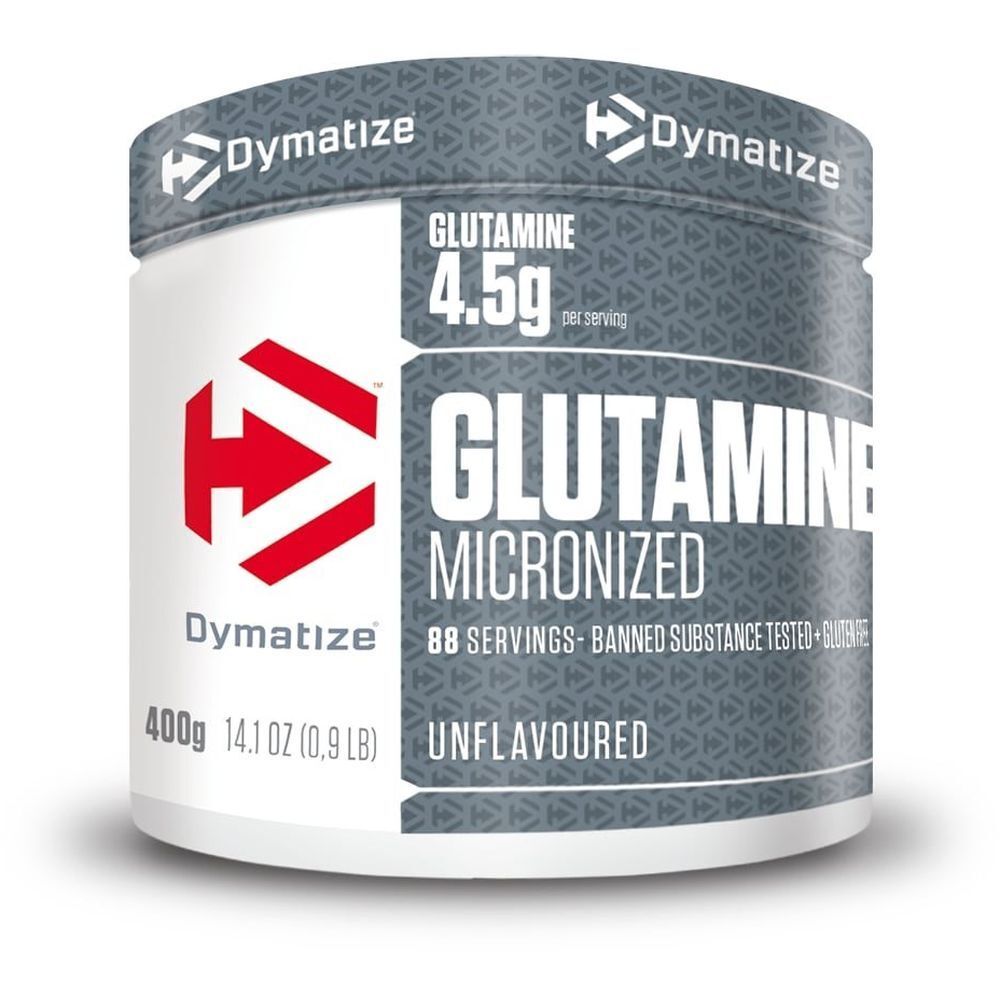 Dymatize Glutamine Micronized. Pot de 400g. Contient 4,5g de glutamine par portion. Sans saveur. 88 portions. Sans gluten.