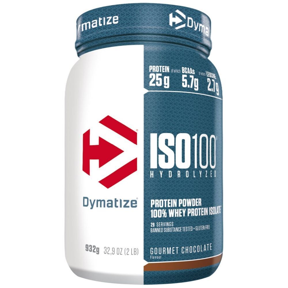 Pot blanc et bleu avec logo ISO100 et informations produit. Contient 25g protéines, 5.7g BCAA, 2.7g leucine. Saveur: Gourmet Chocolate.