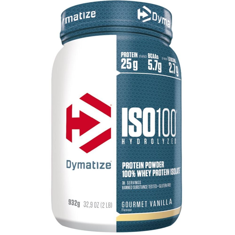 Pot Dymatize ISO100, blanc et bleu. Contient 25g protéines, 5,7g BCAA, 2,7g leucine. Saveur vanille gourmet.