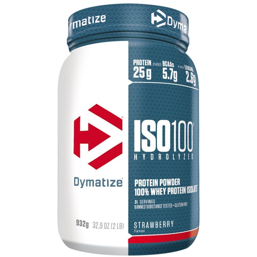 Boîte blanche et bleue avec logo flèche rouge. Inscription : ISO100 HYDROLYZED, Protein Powder, 100% Whey Protein Isolate, goût fraise.