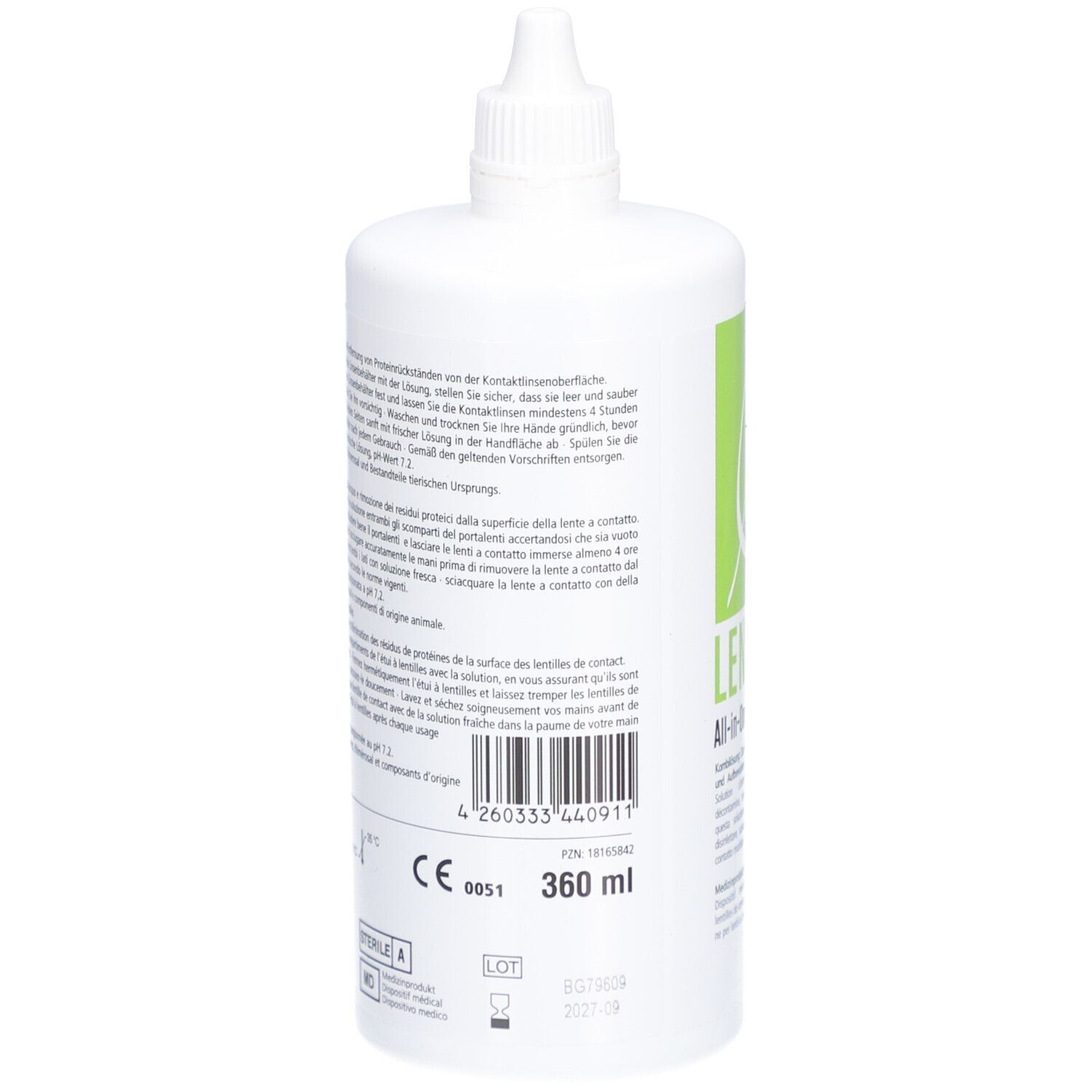 Flacon blanc avec bouchon à vis. Informations produit et marquage CE. Contenance 360 ml.
