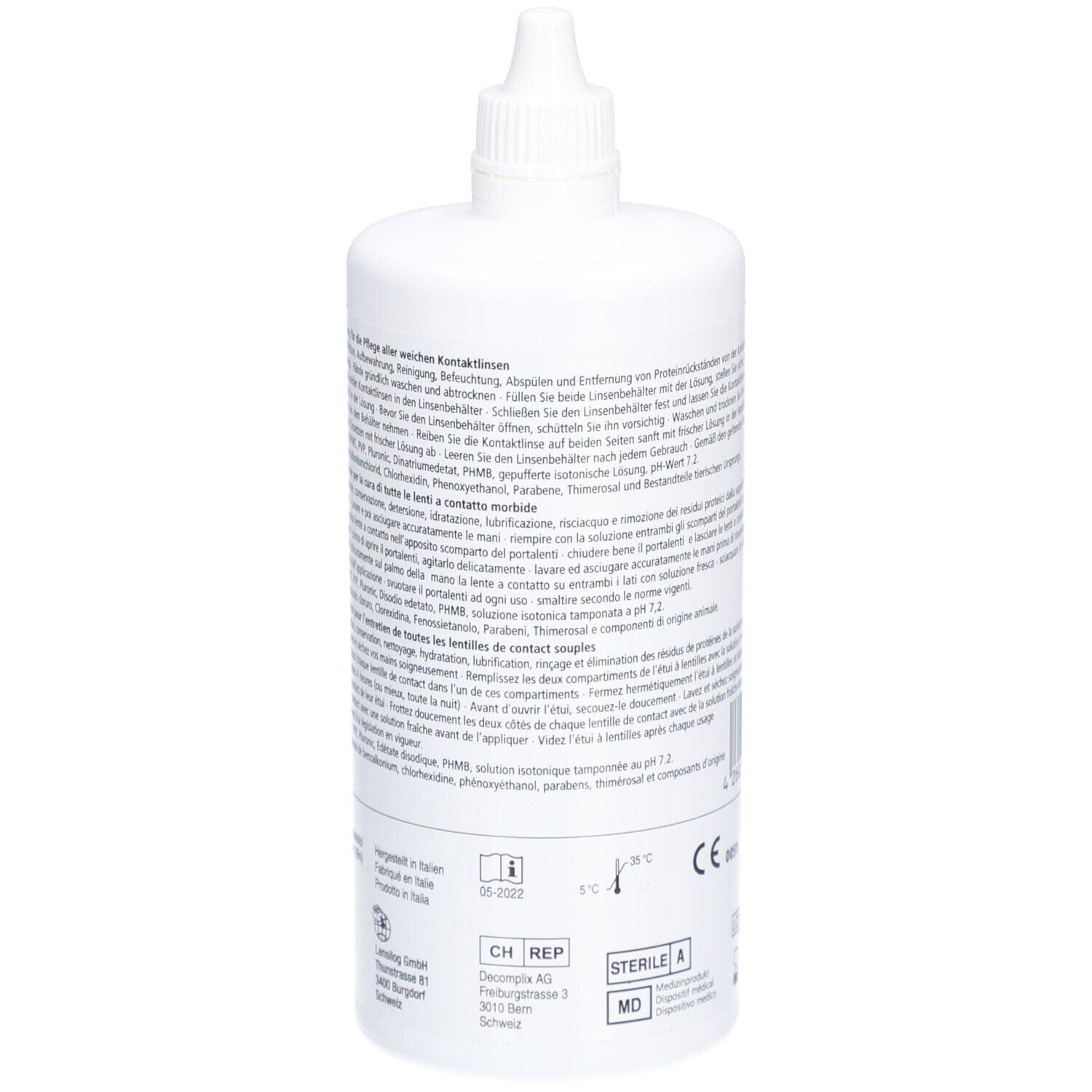 Flacon blanc avec bouchon à vis. Texte avec informations produit. Marquage CE et sceau Stérile A.